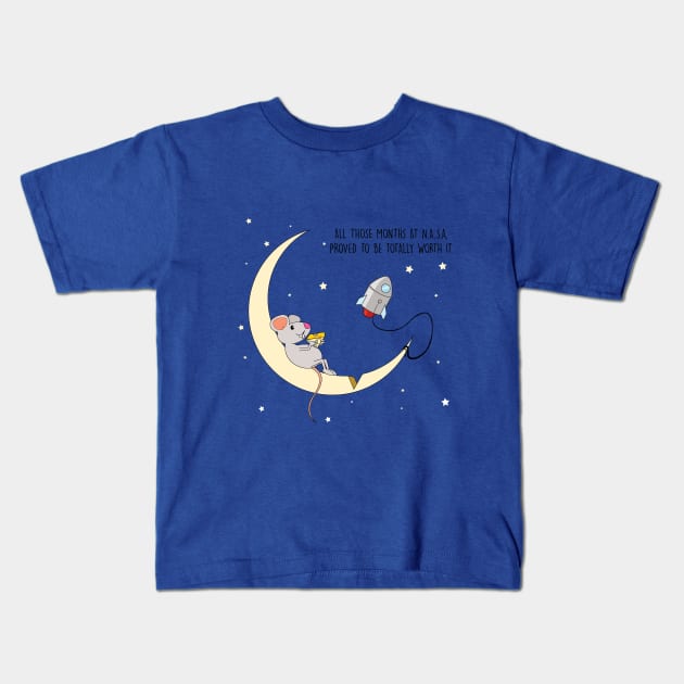 mouse flyes to the moon for cheese Kids T-Shirt by Brash Ideas